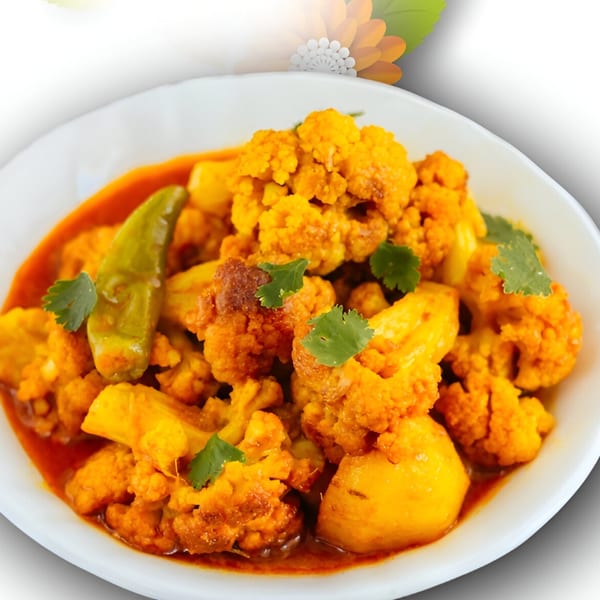 Aloo Gobi, an Indian dish with cauliflower and potatoes in a rich, orange sauce, garnished with cilantro.