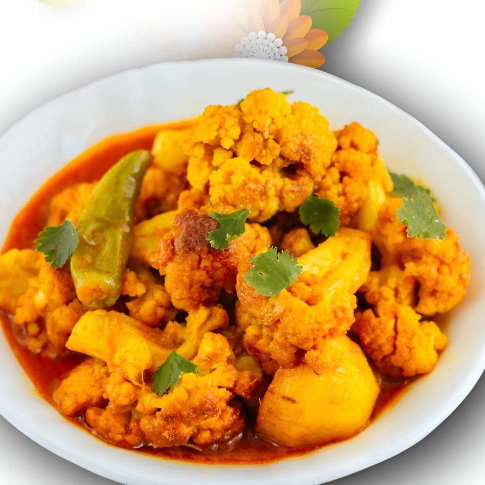 Aloo Gobi, an Indian dish with cauliflower and potatoes in a rich, orange sauce, garnished with cilantro.