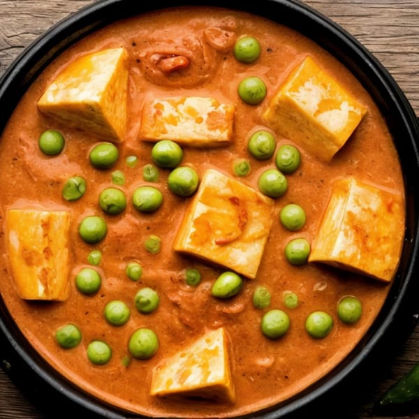 Close-up of a bowl of Matar Paneer, featuring paneer cubes and green peas in a rich orange curry.