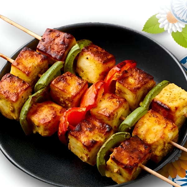 Two skewers of paneer tikka with grilled paneer, green peppers, and red peppers on a black plate.