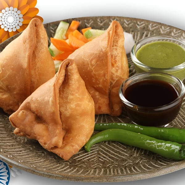 Three golden-brown samosas with green and brown chutneys, green chilies, and a side salad.