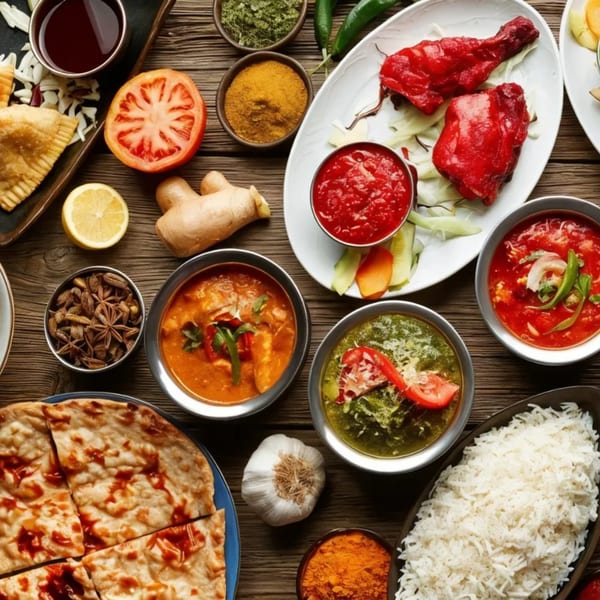 A vibrant spread of Indian dishes including curries, tandoori chicken, naan, rice, and spices on a wooden table.