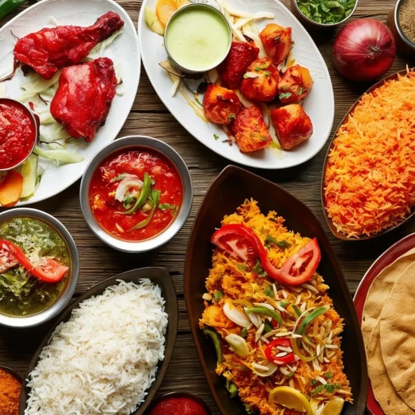 A vibrant spread of Indian dishes, including tandoori chicken, curries, rice, and flatbreads on a wooden table.