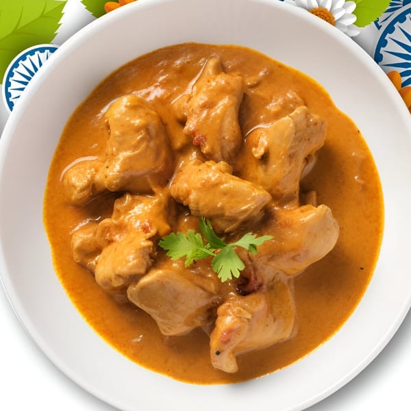Chaat & More's chicken curry, a rich Indian dish with tender chicken pieces in a creamy orange sauce.
